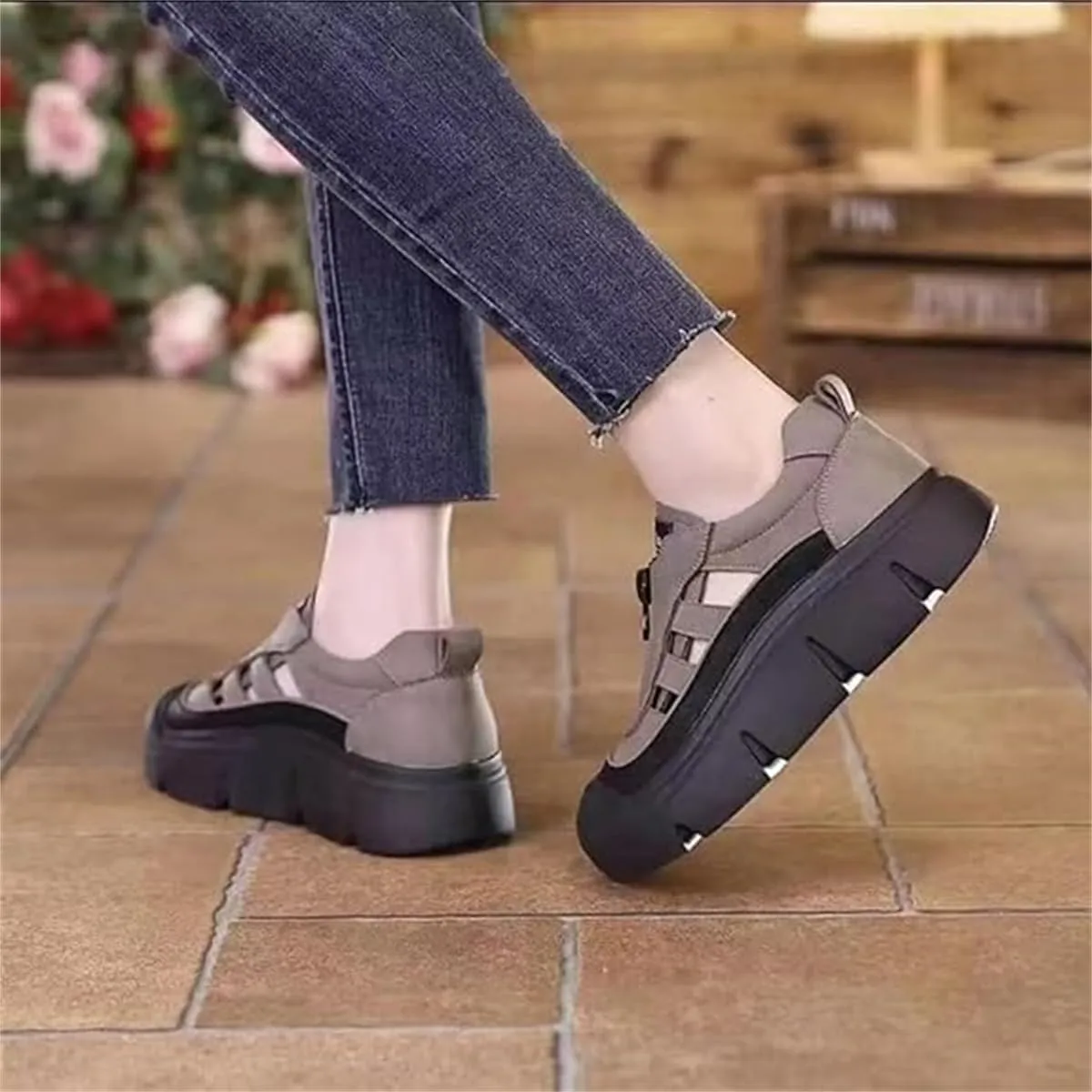 Aphrot Women Shoes,Leather Soft Sole Zip Walking Sandals with Heel,Trendy Hollow Casual Thick Orthopedic Shoes