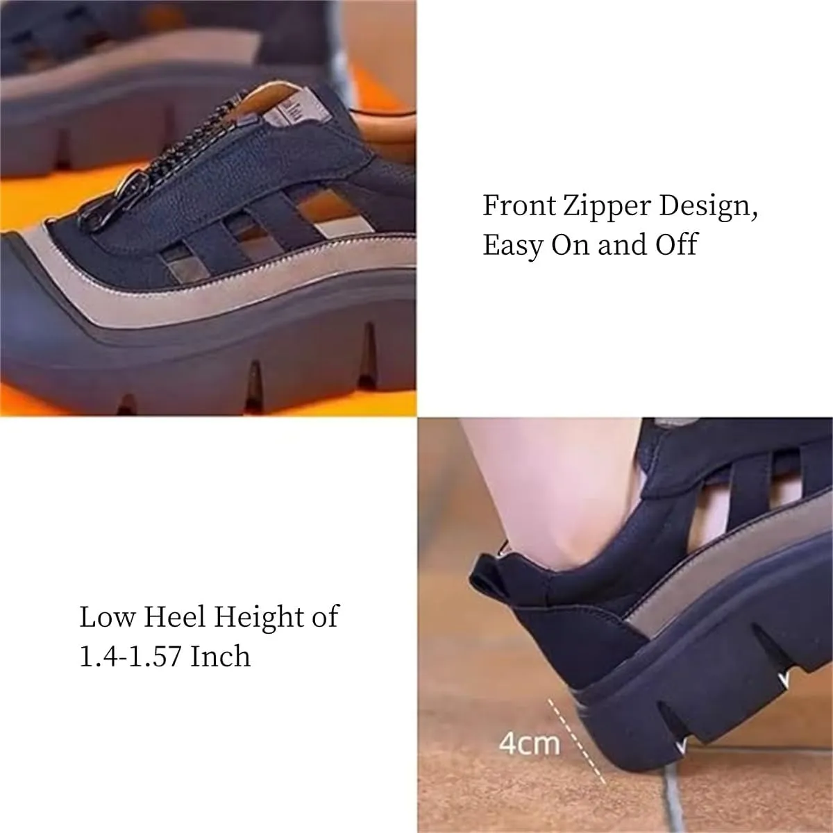 Aphrot Women Shoes,Leather Soft Sole Zip Walking Sandals with Heel,Trendy Hollow Casual Thick Orthopedic Shoes