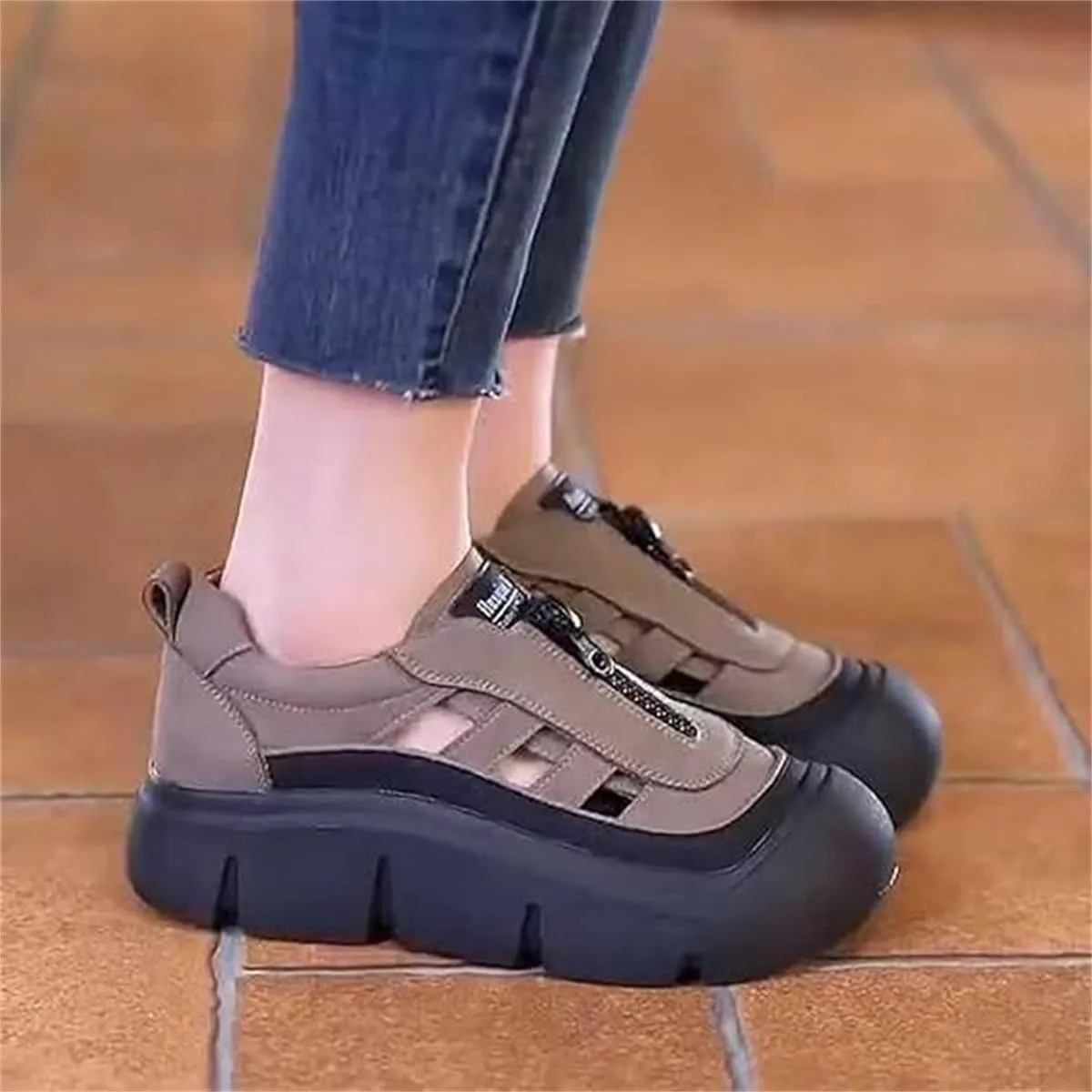Aphrot Women Shoes,Leather Soft Sole Zip Walking Sandals with Heel,Trendy Hollow Casual Thick Orthopedic Shoes