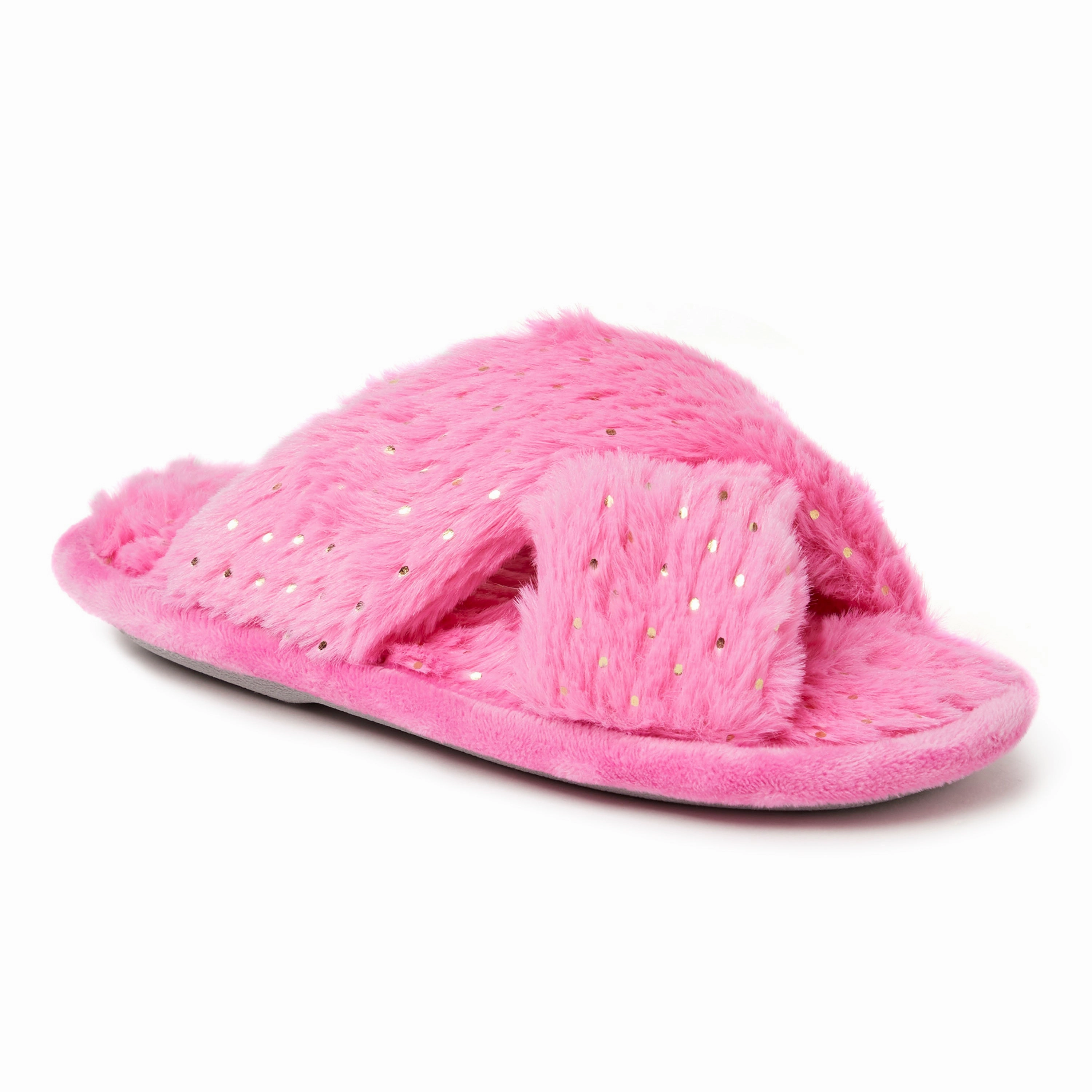 Dearfoams Kids Ava Pile Crisscross Furry Sparkle Slide Slippers Luxurious lining Run Ready
