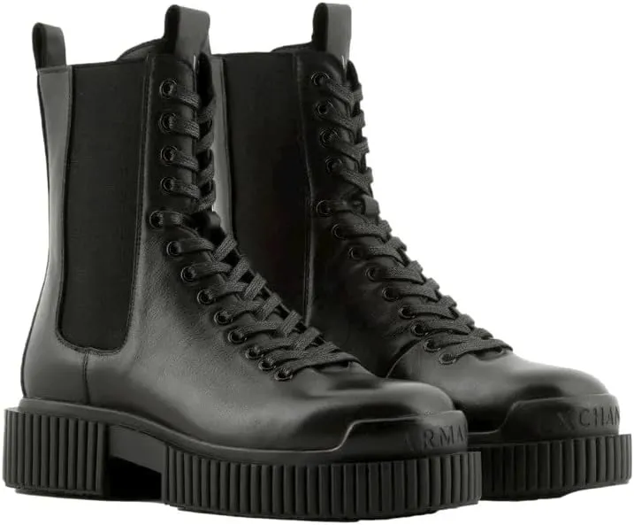 Armani Exchange Women's Chunky Sole Leather Lace Up Combat Boot