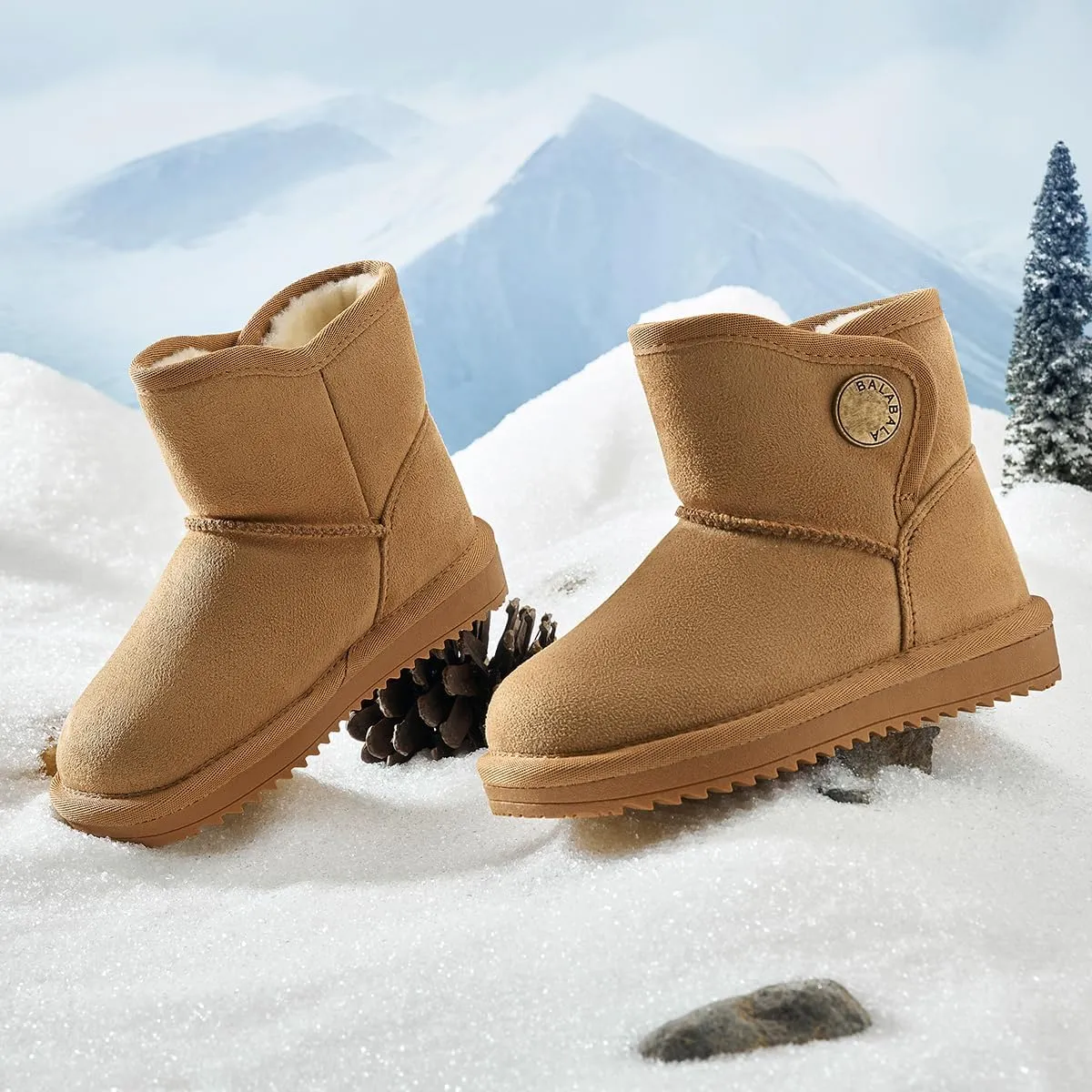 Balabala Little Girls' and Boys Warm Winter Snow Boots, Comfortable Velcro Mid Calf Fur Snow Boots For Kids Toddlers