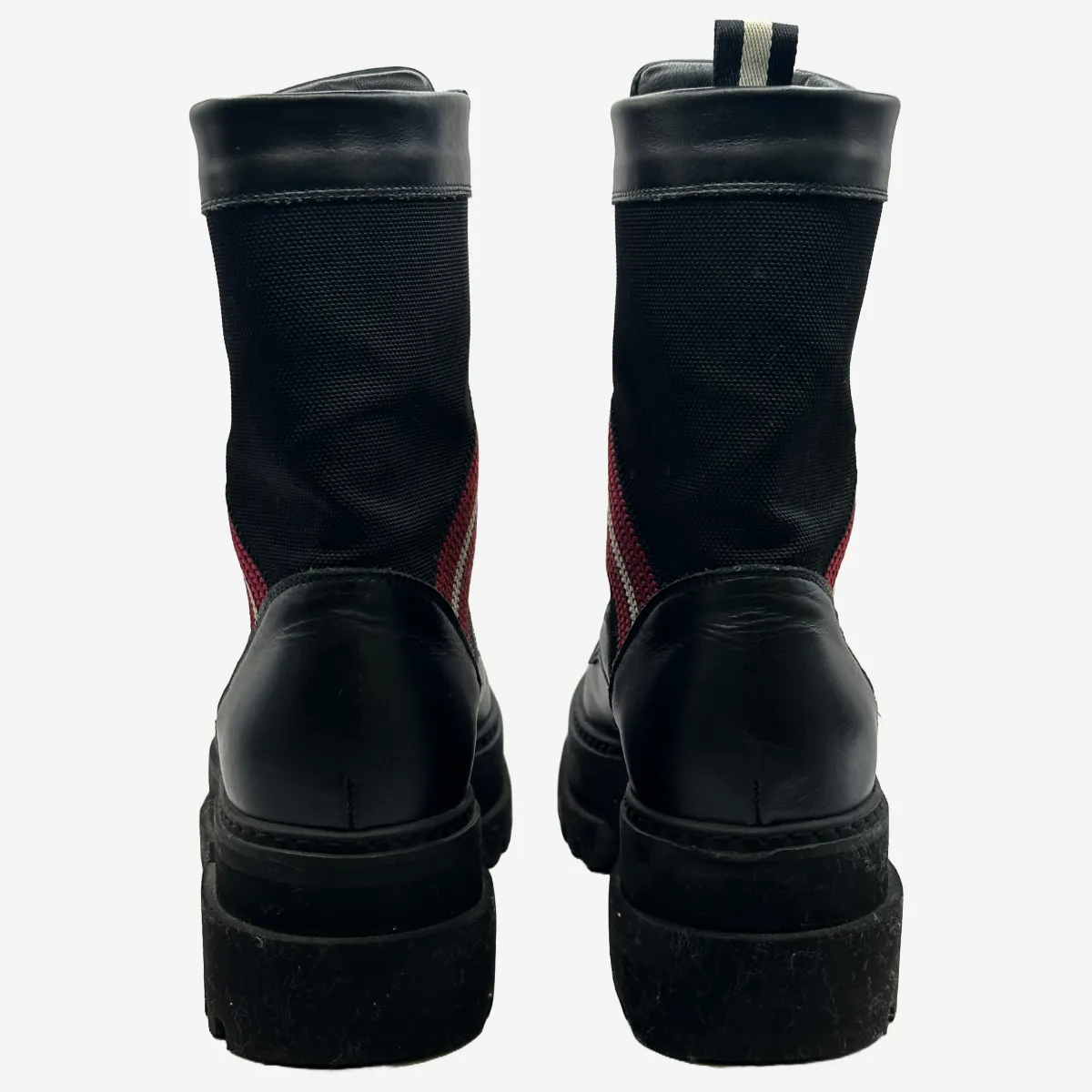 Bally women's black leather and canvas combat boots with red and white stripe detail