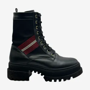 Bally women's black leather and canvas combat boots with red and white stripe detail