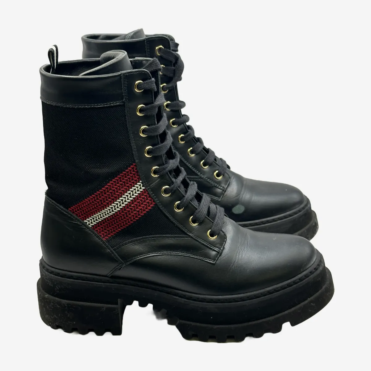 Bally women's black leather and canvas combat boots with red and white stripe detail