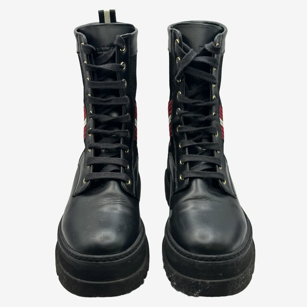 Bally women's black leather and canvas combat boots with red and white stripe detail