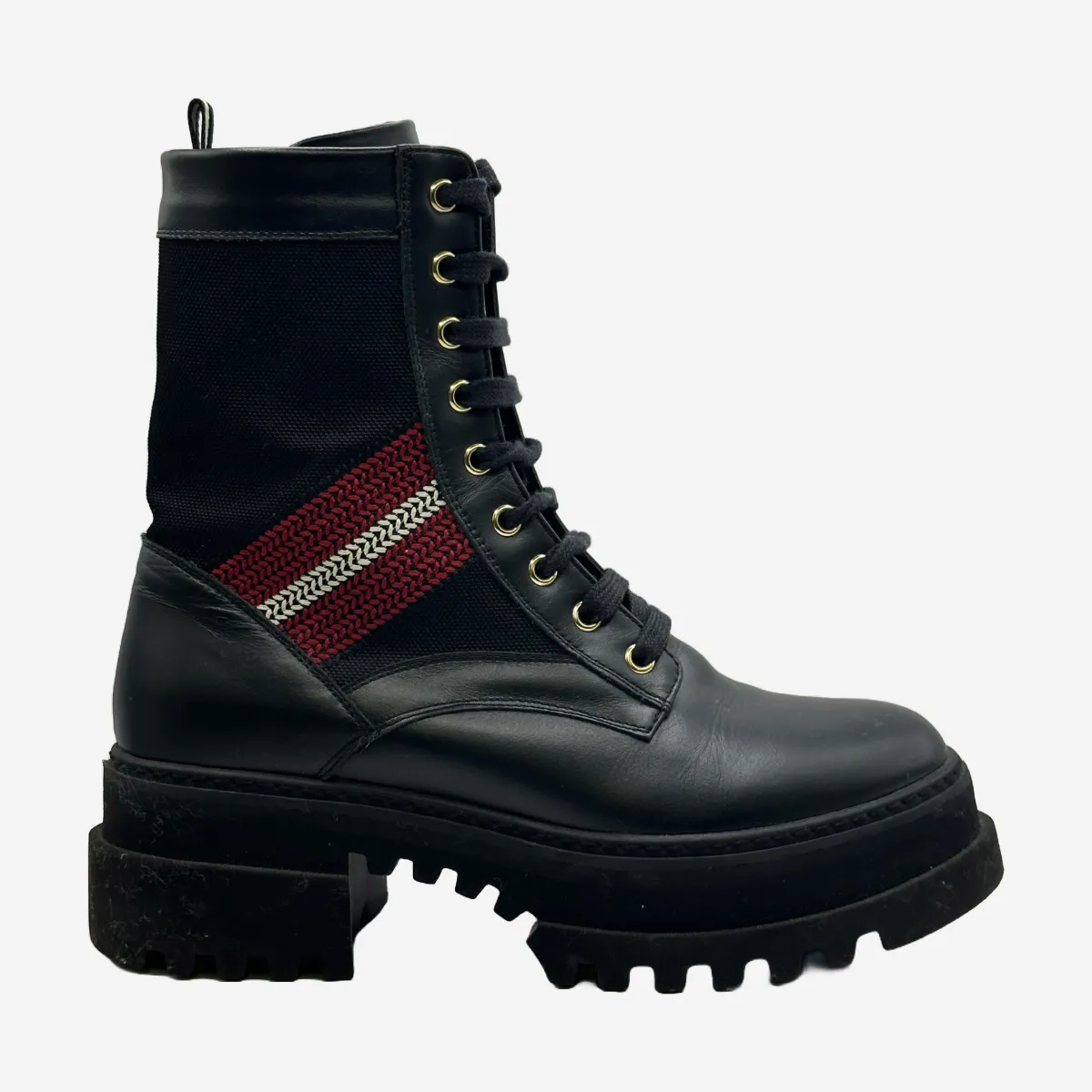 Bally women's black leather and canvas combat boots with red and white stripe detail