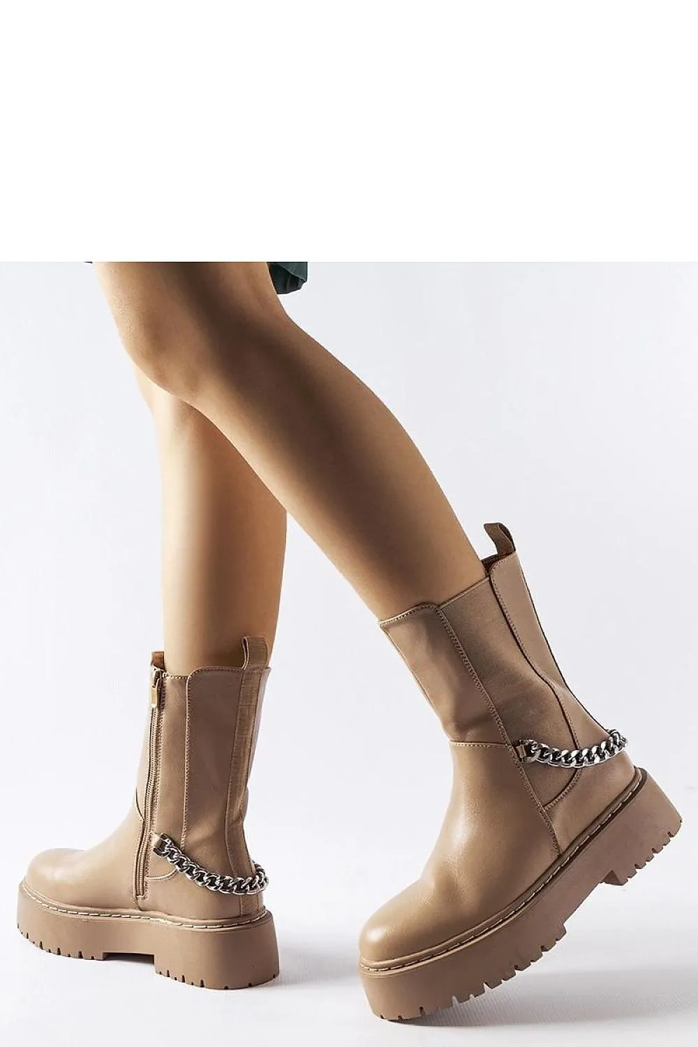 Beige chain-embellished boots