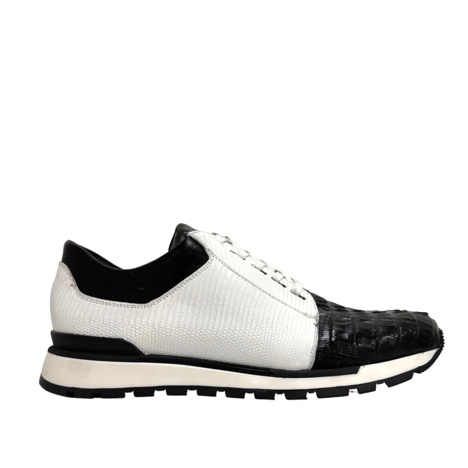 Belvedere 33631 Titan Men's Shoes Black & White Exotic Caiman Crocodile / Lizard / Calf-Skin Leather Casual Sneakers (BV3145)