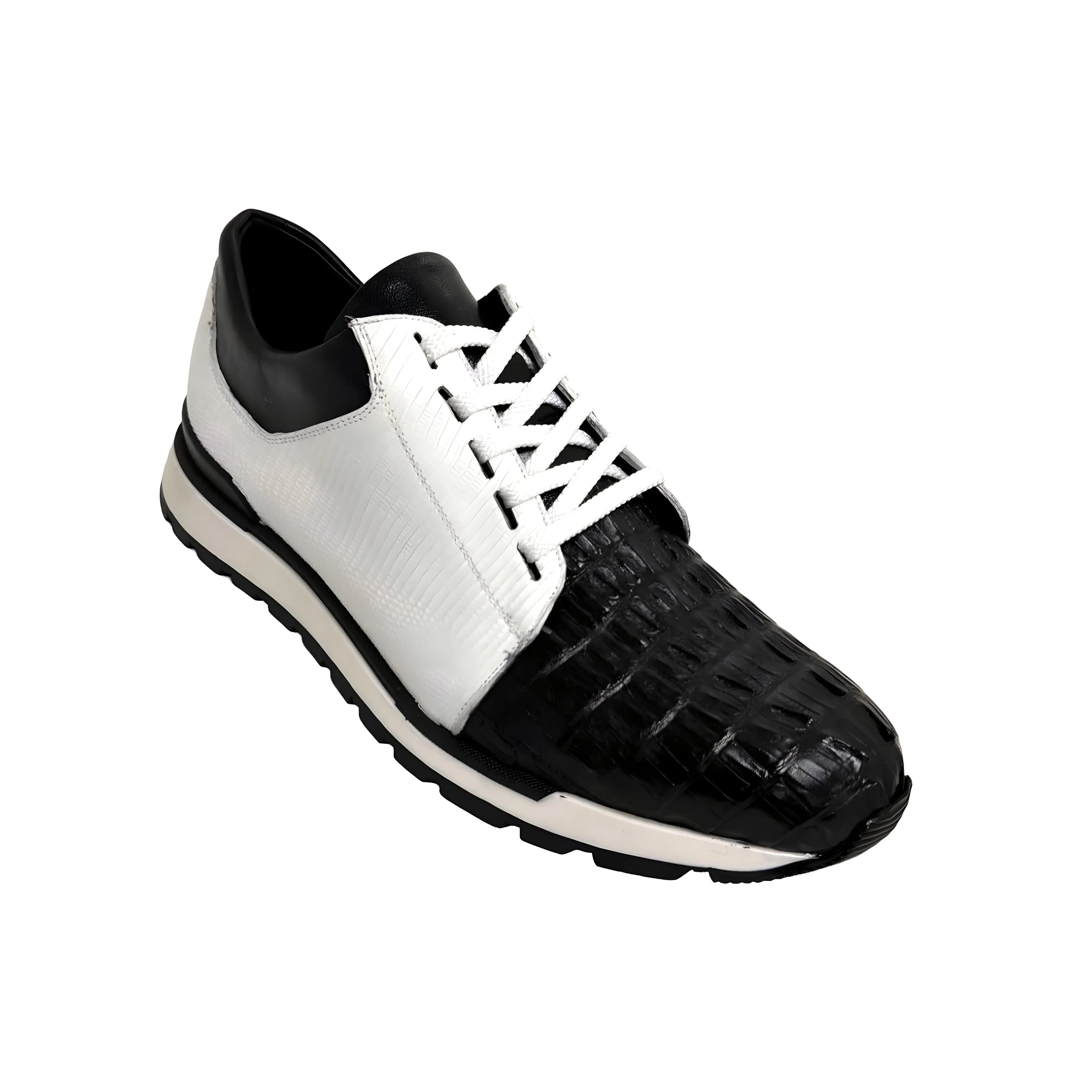 Belvedere 33631 Titan Men's Shoes Black & White Exotic Caiman Crocodile / Lizard / Calf-Skin Leather Casual Sneakers (BV3145)