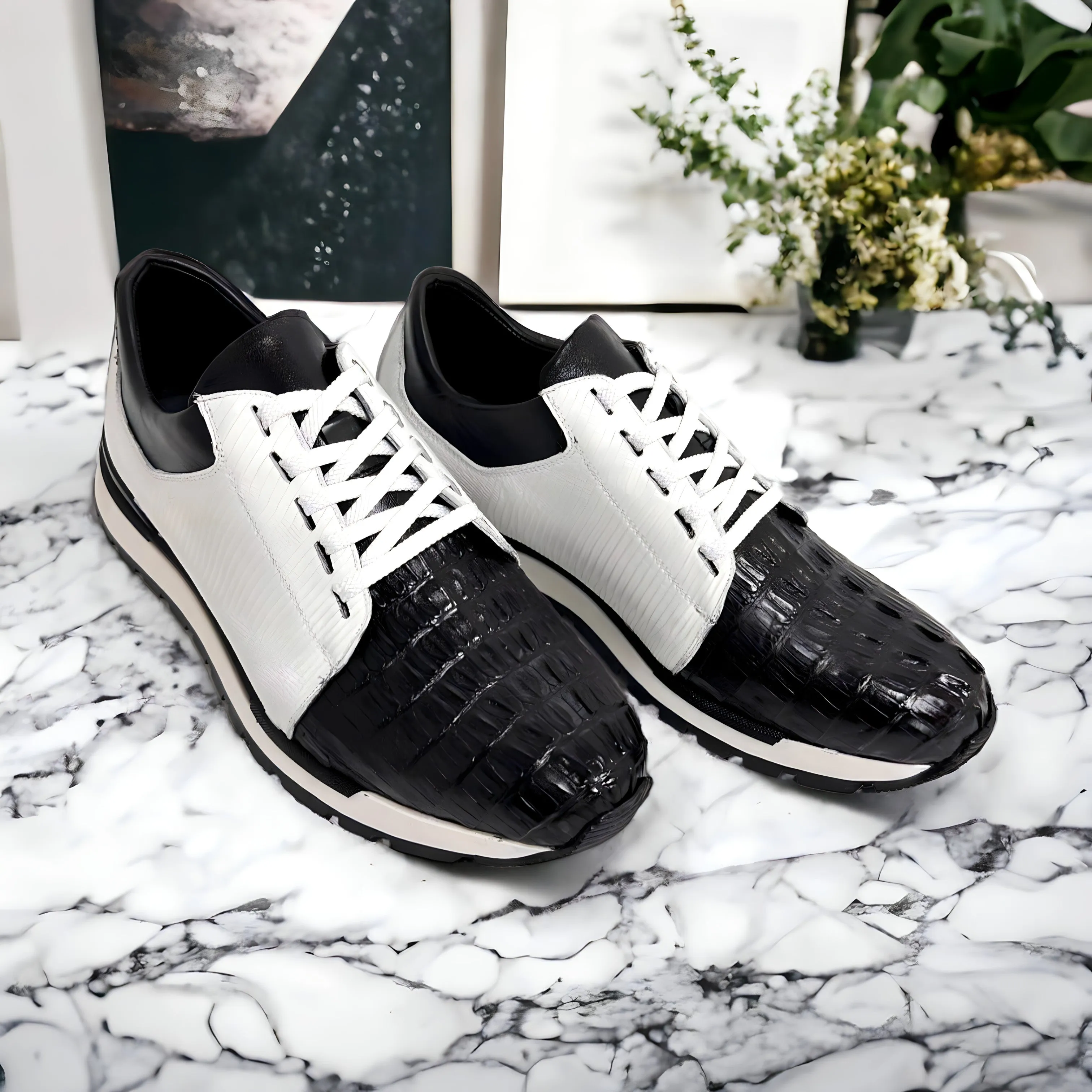 Belvedere 33631 Titan Men's Shoes Black & White Exotic Caiman Crocodile / Lizard / Calf-Skin Leather Casual Sneakers (BV3145)