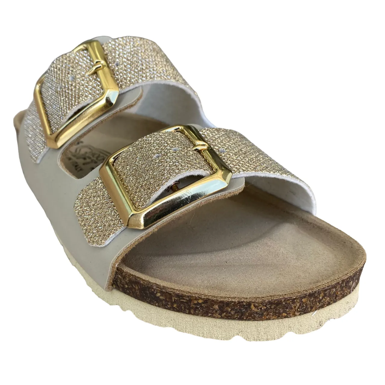 Biochic sandalo da donna con 2 fasce regolabili glitterate e plantare in pelle BC55215Yo oro Comfortable Vacation Footwear