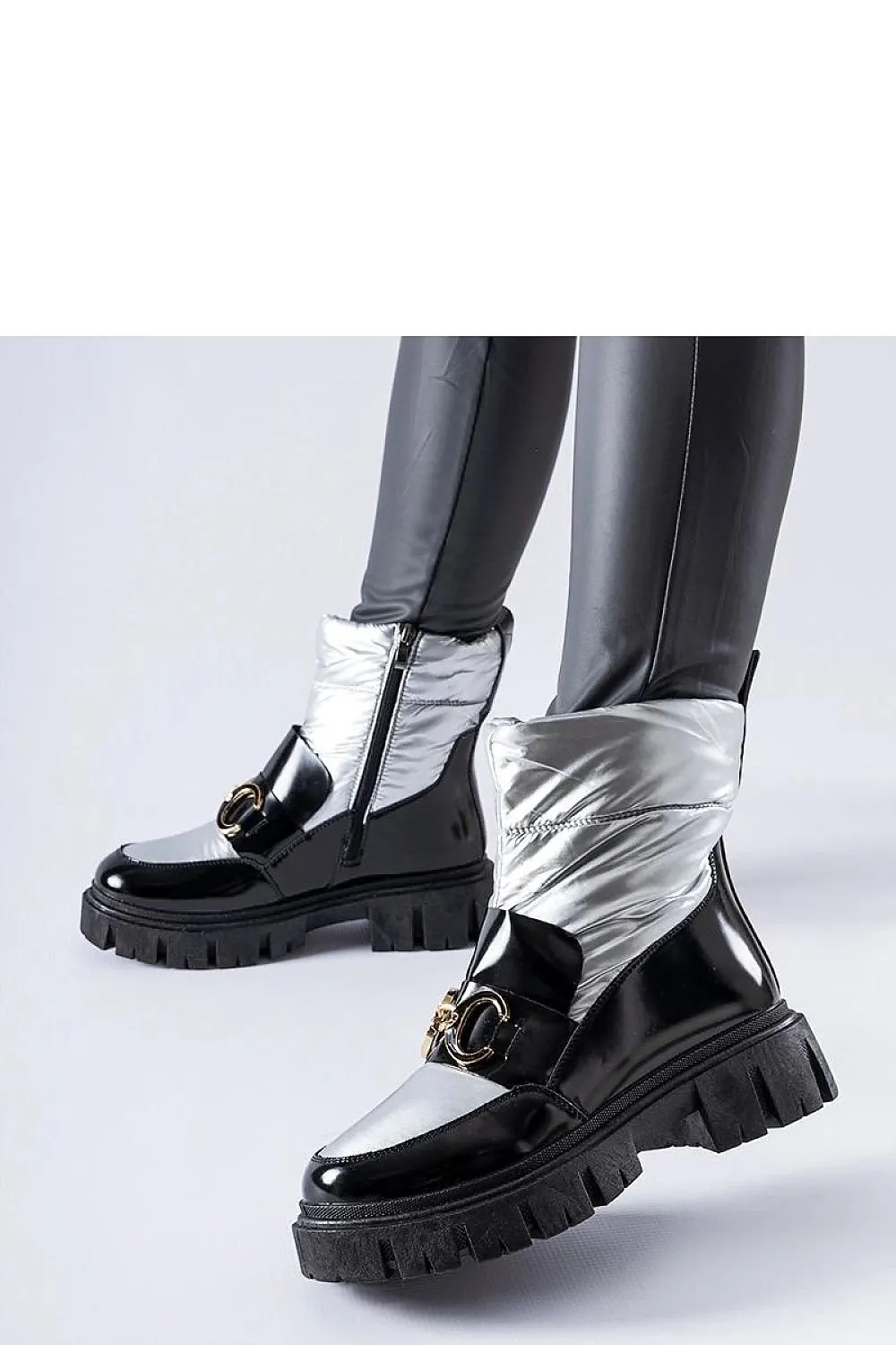 Black and silver lacquered snow boots