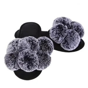 Black Luxe Pompom Open Toe Plush Slipper