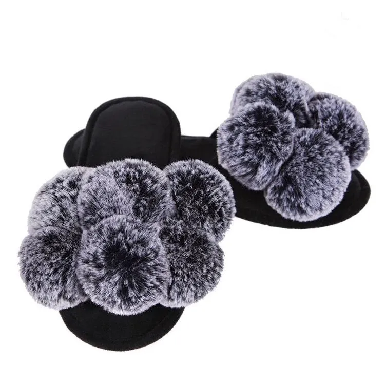 Black Luxe Pompom Open Toe Plush Slipper
