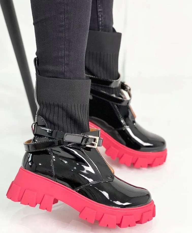 Black Patent Faux Leather and Red Sole Chelsea Boots with Sock Top | A7516 BLACK-1