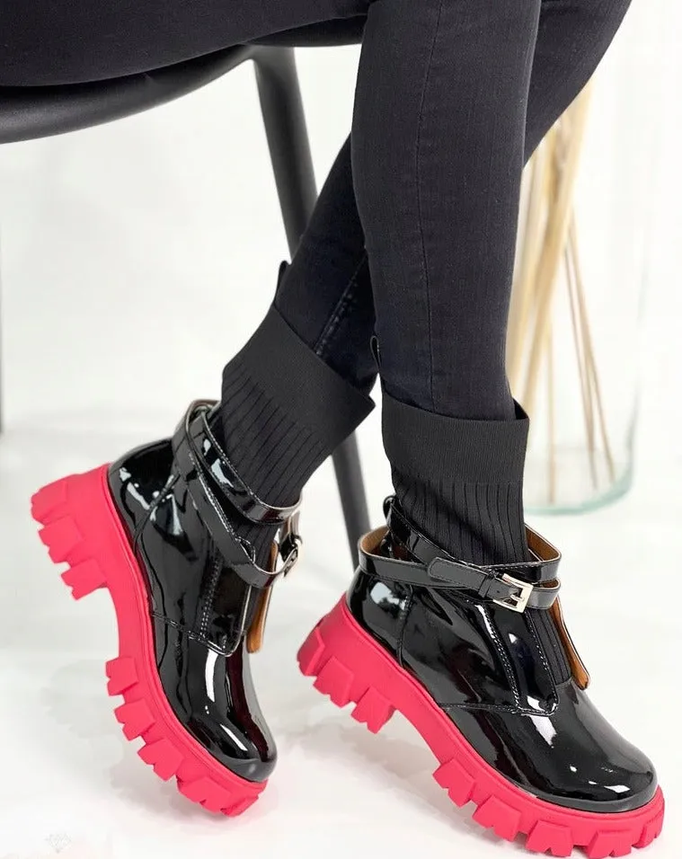 Black Patent Faux Leather and Red Sole Chelsea Boots with Sock Top | A7516 BLACK-1