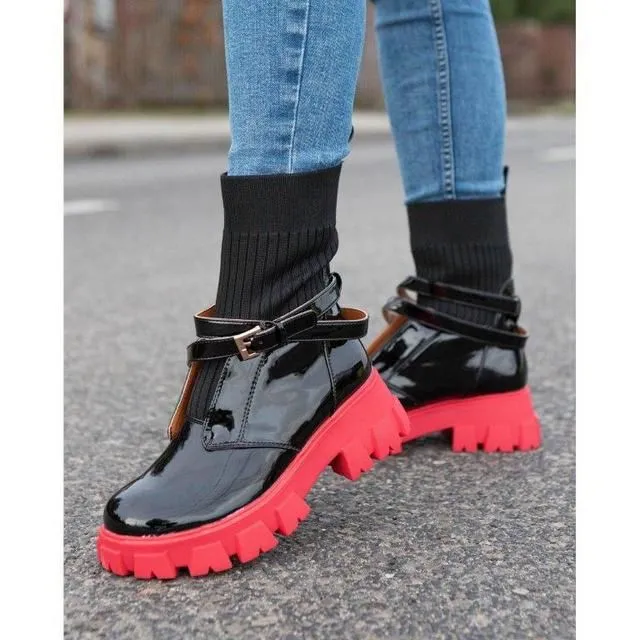 Black Patent Faux Leather and Red Sole Chelsea Boots with Sock Top | A7516 BLACK-1