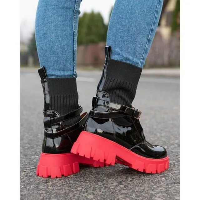 Black Patent Faux Leather and Red Sole Chelsea Boots with Sock Top | A7516 BLACK-1