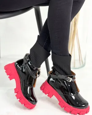 Black Patent Faux Leather and Red Sole Chelsea Boots with Sock Top | A7516 BLACK-1