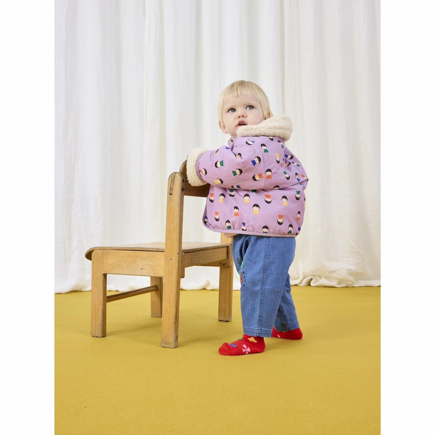 Bobo Choses Lavender Game Pawns All Over Reversible Sheepskin Jacket Compact Packable Feature Adjustable Hood Feature