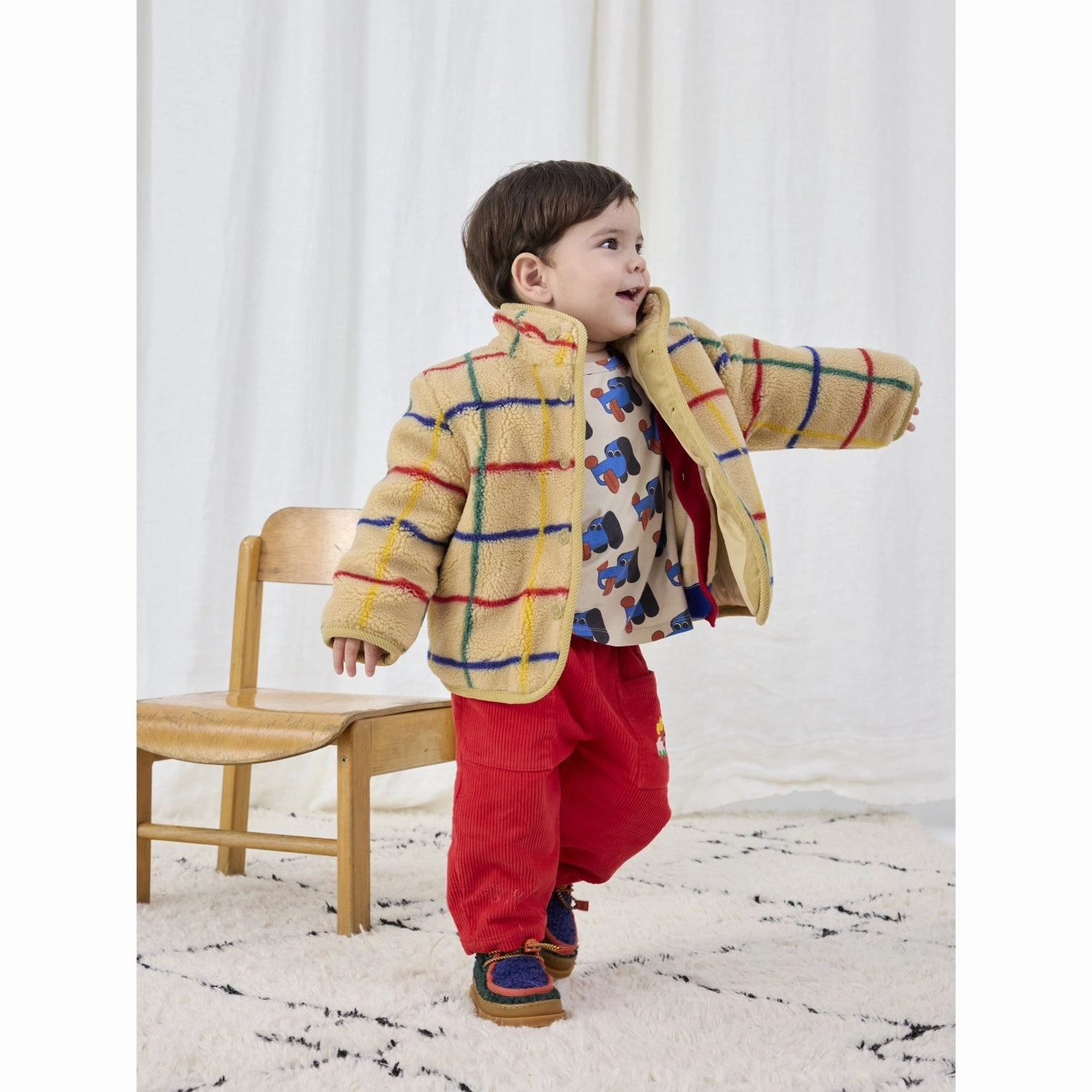 Bobo Choses Offwhite Stripe Color Sheepskin Jacket RubberizedButtonClosures
