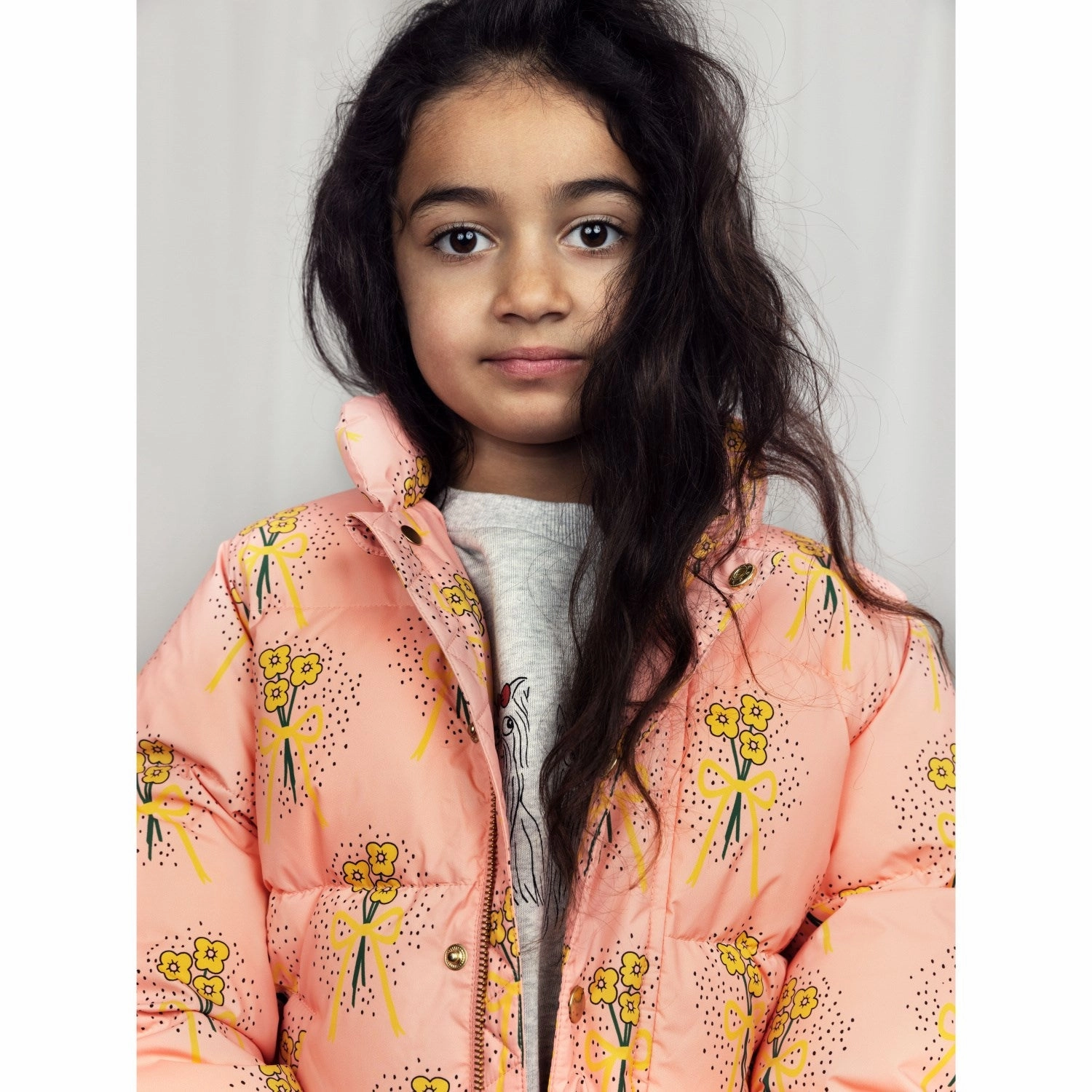 High Collar Style Mini Rodini Pink Winter Flowers Aop City Puffer Jacket