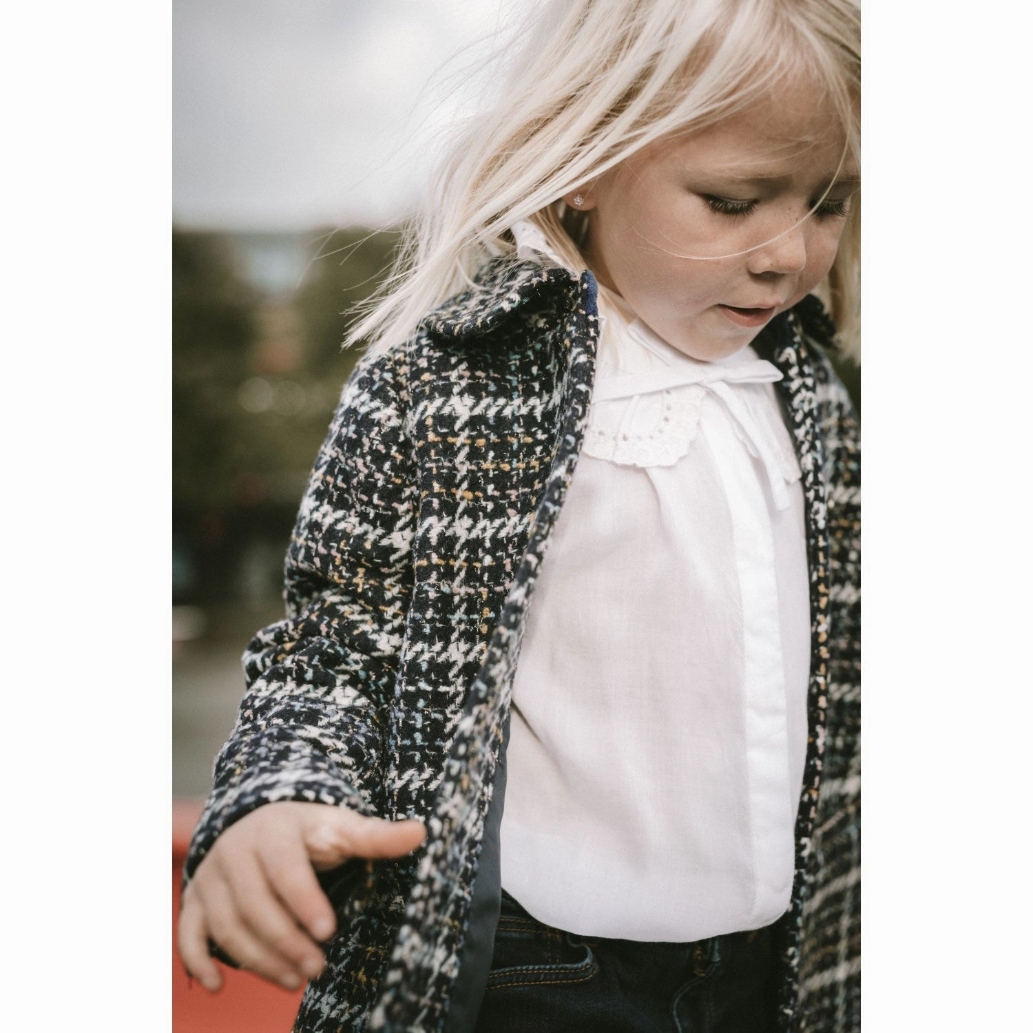 MarMar Wool Glitter Navy Check Olive Jacket Layered Collar