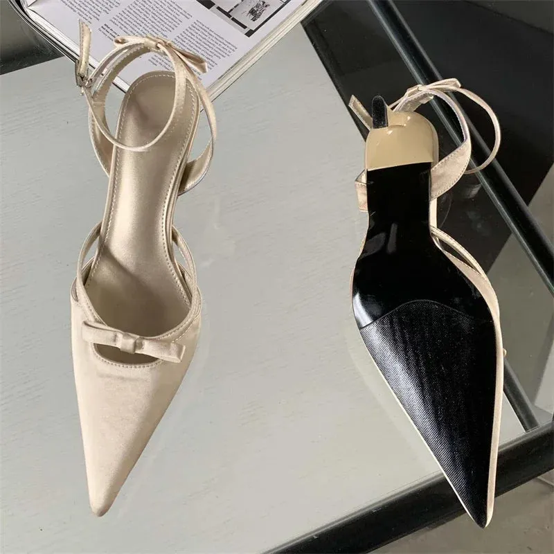 Bowknot Ankle Strap Heels Pointed Toe Mules