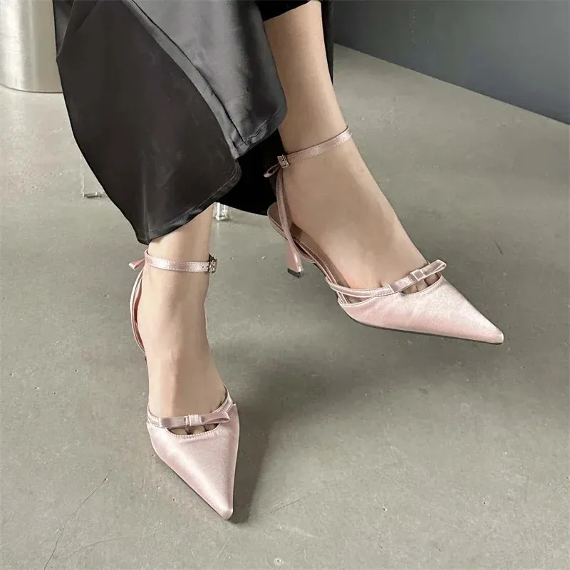 Bowknot Ankle Strap Heels Pointed Toe Mules