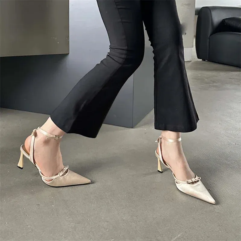 Bowknot Ankle Strap Heels Pointed Toe Mules