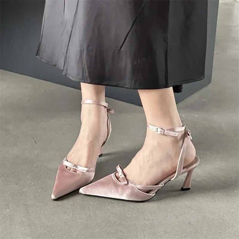 Bowknot Ankle Strap Heels Pointed Toe Mules