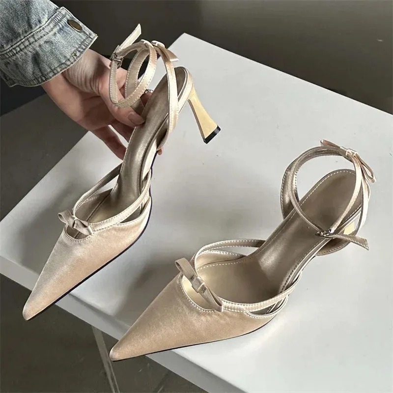 Bowknot Ankle Strap Heels Pointed Toe Mules