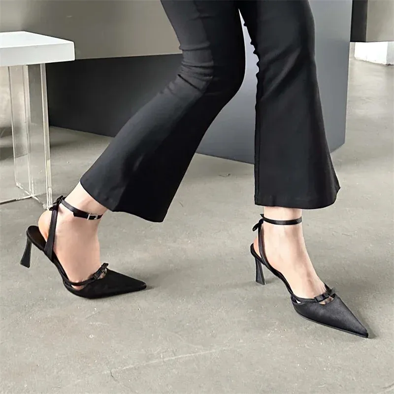 Bowknot Ankle Strap Heels Pointed Toe Mules