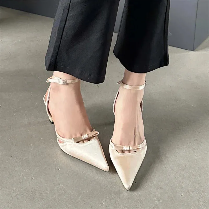 Bowknot Ankle Strap Heels Pointed Toe Mules