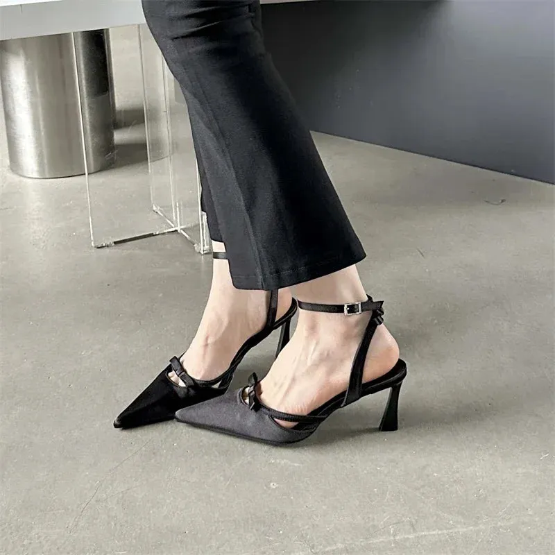 Bowknot Ankle Strap Heels Pointed Toe Mules
