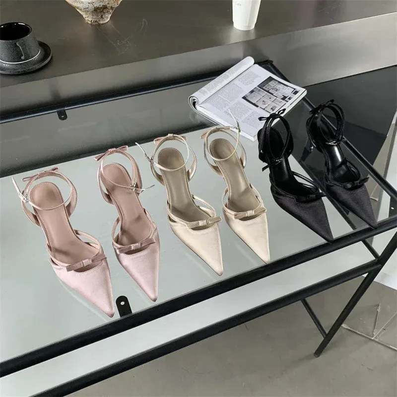 Bowknot Ankle Strap Heels Pointed Toe Mules