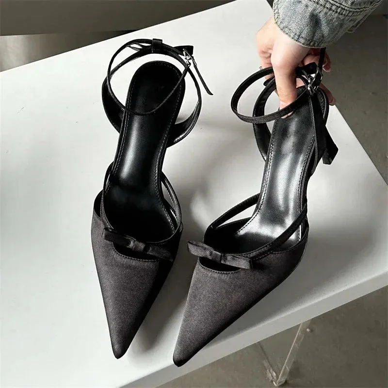 Bowknot Ankle Strap Heels Pointed Toe Mules