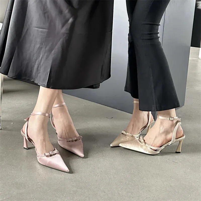 Bowknot Ankle Strap Heels Pointed Toe Mules