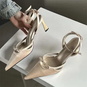 Bowknot Ankle Strap Heels Pointed Toe Mules