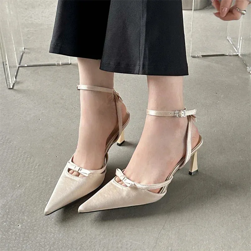 Bowknot Ankle Strap Heels Pointed Toe Mules