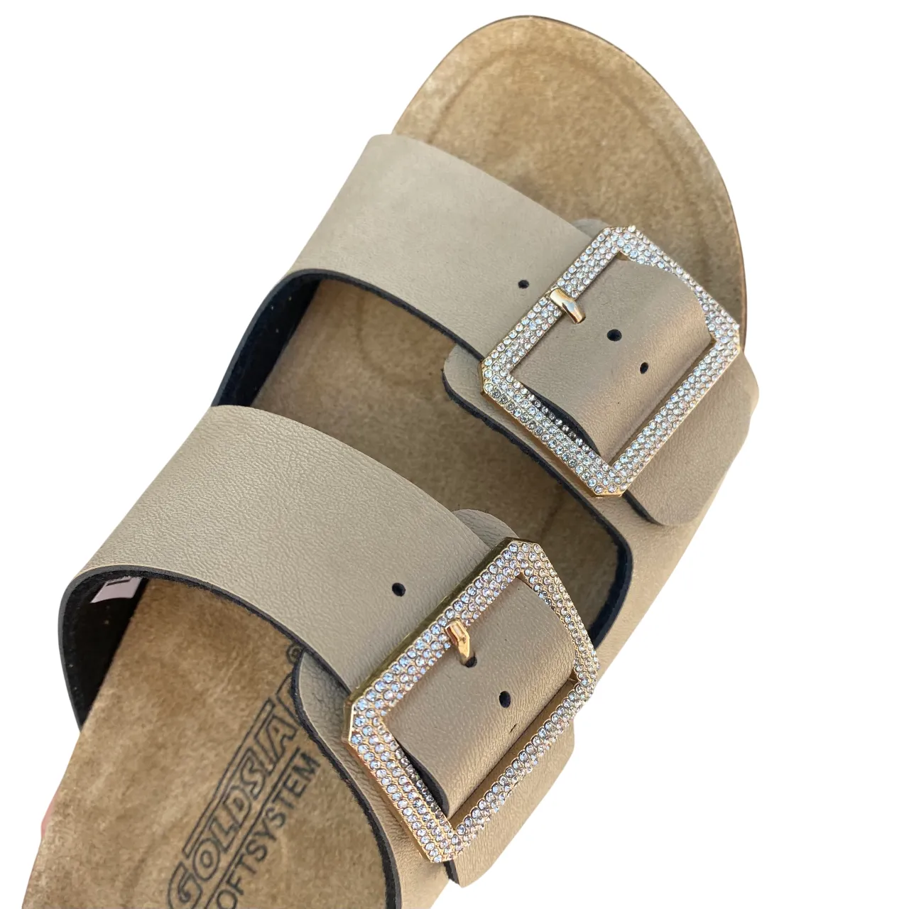 waterproof Long Step Goldstar ciabatta da donna sottopiede in pelle con 2 fibbie con strass GS31801QS sabbia