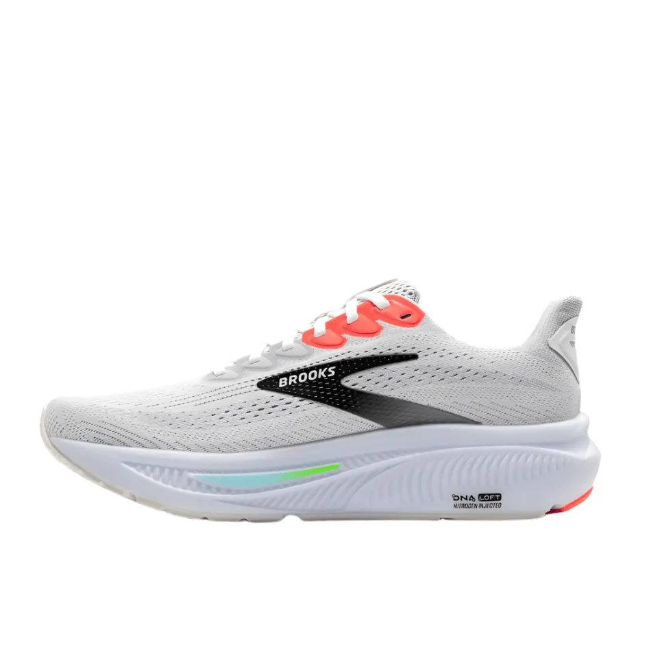 running in an obstacle course race Toe Guard Brooks Men's Ghost 17 Running Shoes in White/Pink Clay/Gecko AW25