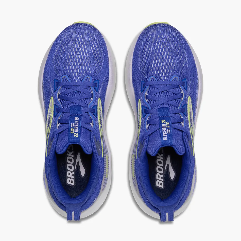 Eco Comfort Compression Activated Foam Brooks Women's Glycerin GTS 22 Running Shoes in Amparo Blue/Hyper Iris/Yellow SS25