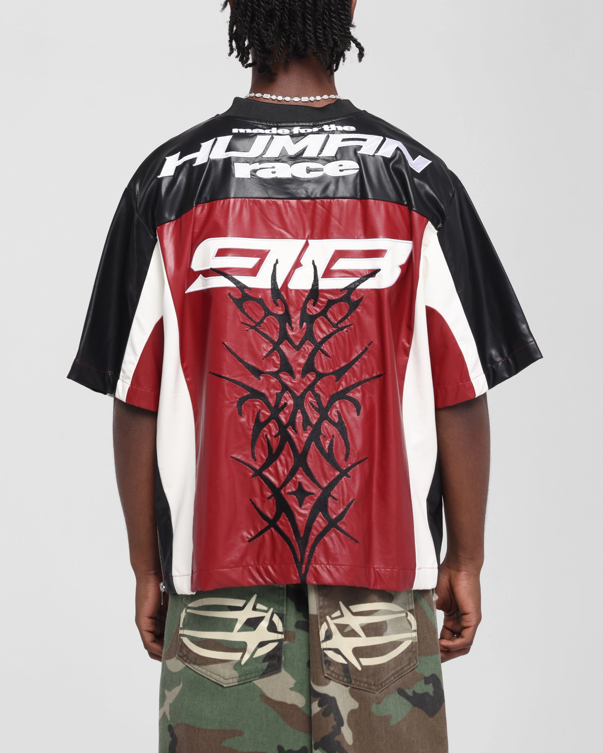 Loiter Vegan Leather Football Top Red/Black Match Look