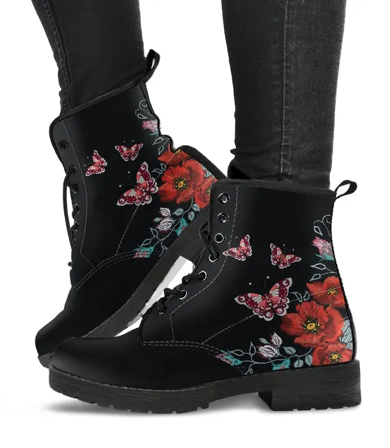 Butterflies and Flowers Handcrafted Women's Vegan Leather Combat Boots