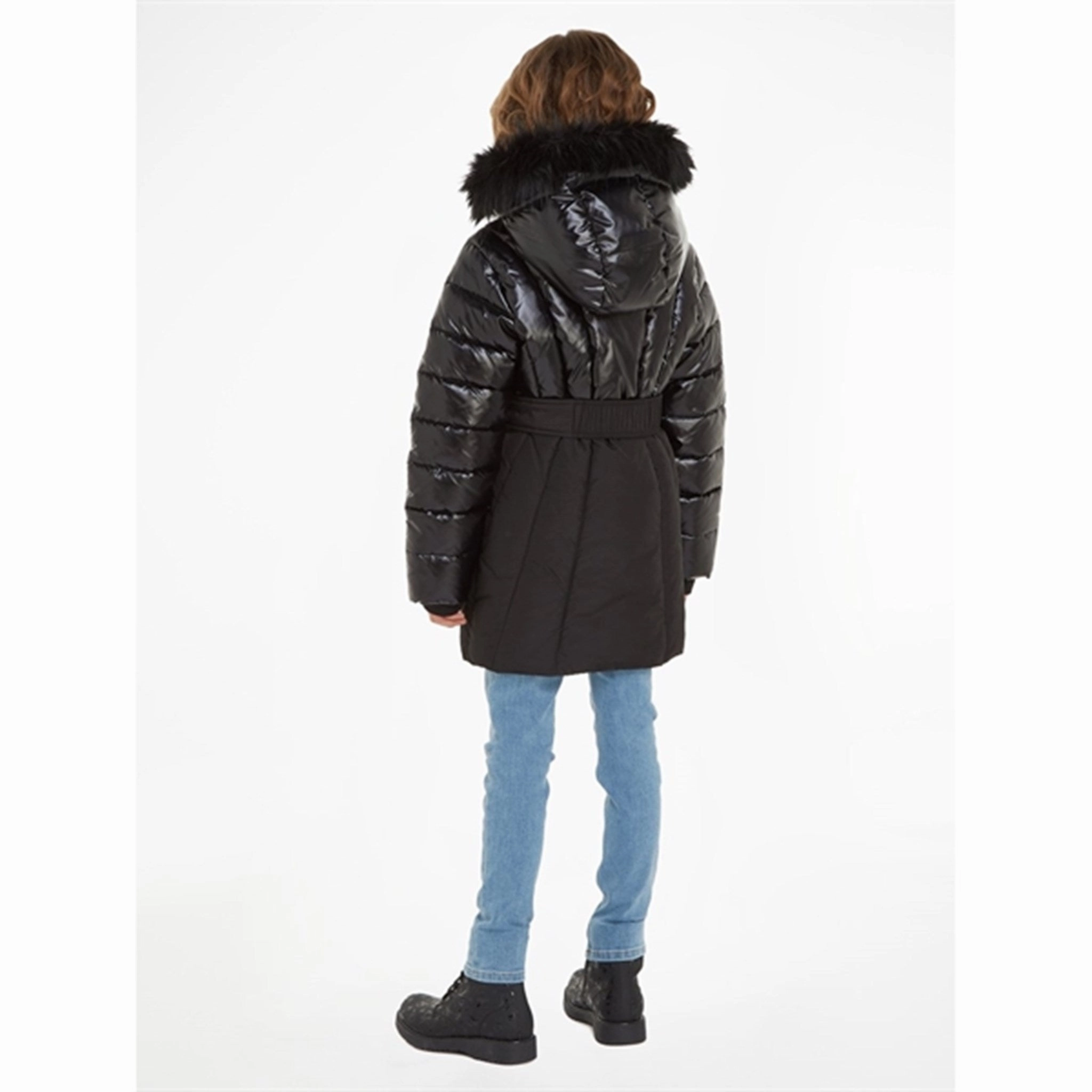 Cozy Hood Detail Calvin Klein Long Belted Puffer Coat Ck Black