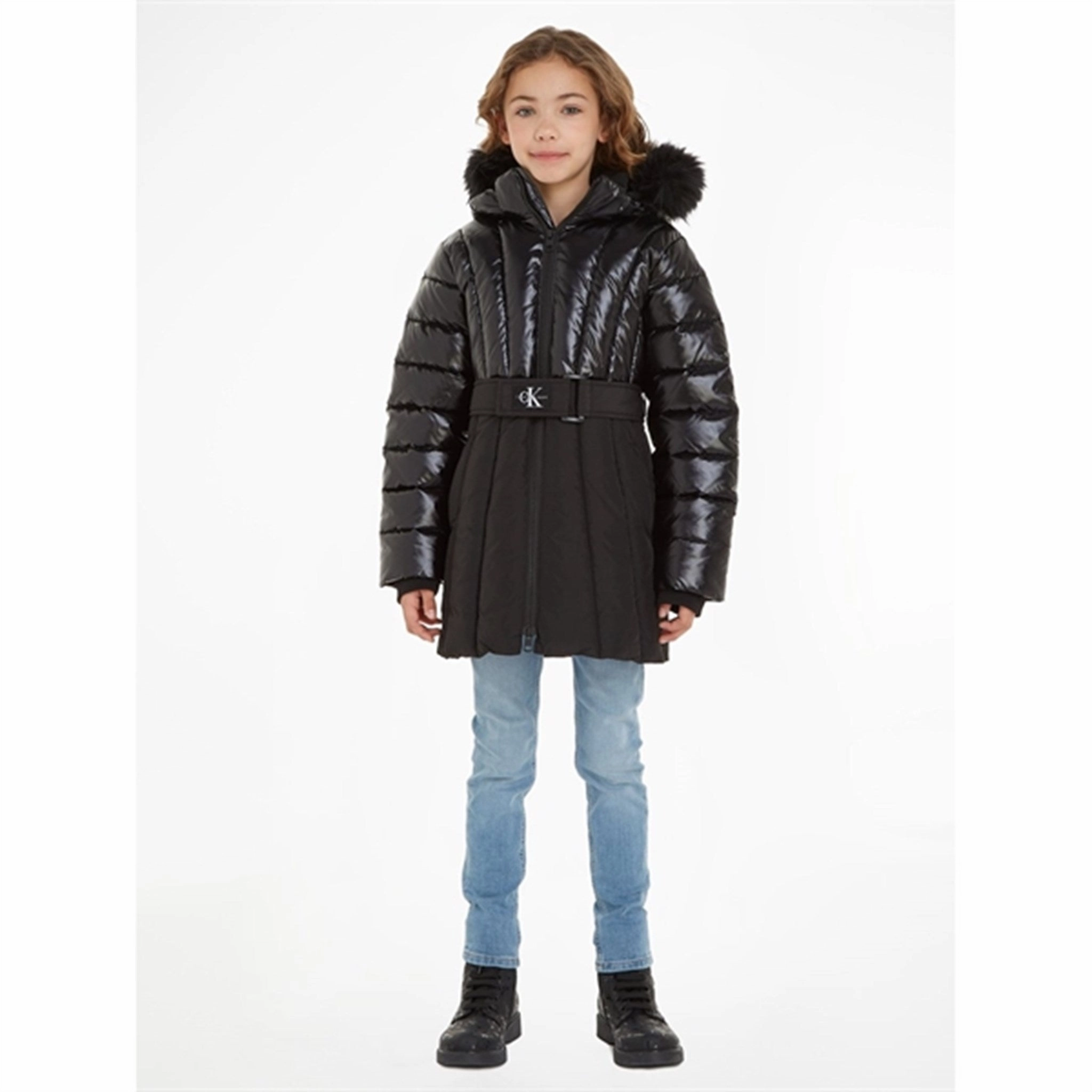 Calvin Klein Long Belted Puffer Coat Ck Black High Visibility Trims Compact Travel Friendly