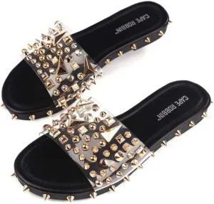 Cape Robbin Pierce The Ultimate Edgy Slides Flat Sandal Gold Studded Mule
