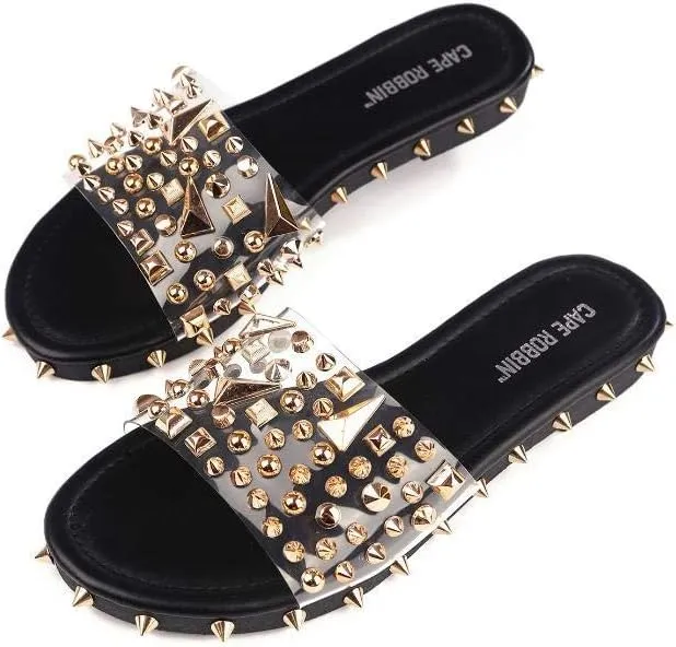 Cape Robbin Pierce The Ultimate Edgy Slides Flat Sandal Gold Studded Mule